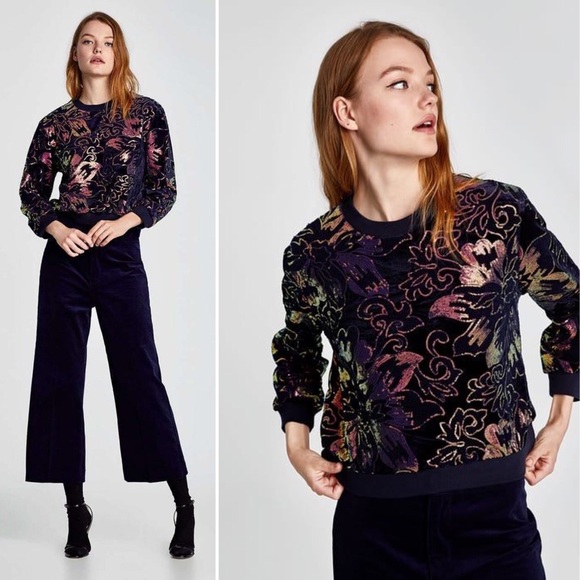 Zara Tops - Zara Floral Velvet Sequin Sweatshirt